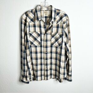 Lucky Brand Men Large Pearl Snap Western Long Sleeve Gray Tan Flannel Shirt U